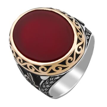 Bordo Akik Taşlı Tuğra Detaylı 925 Ayar Gümüş Yüzük