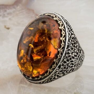 Muhteşem Tasarım Büyük Kehribar Taşlı Gümüş Yüzük