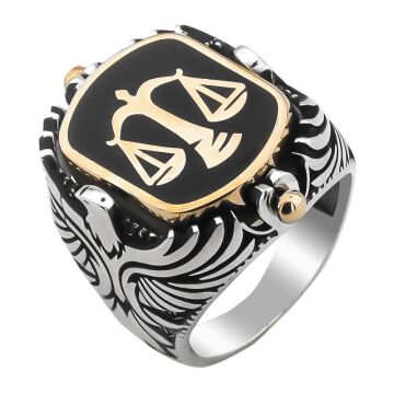 Adalet Terazili ve Siyah Oniks Taşlı Kartal Motifli Çift Taraflı 925 Ayar Gümüş Yüzük
