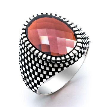 Harika Tasarım Kırmızı Zirkon  Oval Taşlı Gümüş Yüzük