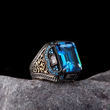 925 AYAR GÜMÜŞ AQUA ZİRKON TAŞLI ERKEK YÜZÜK