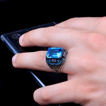 925 AYAR GÜMÜŞ AQUA ZİRKON TAŞLI ERKEK YÜZÜK