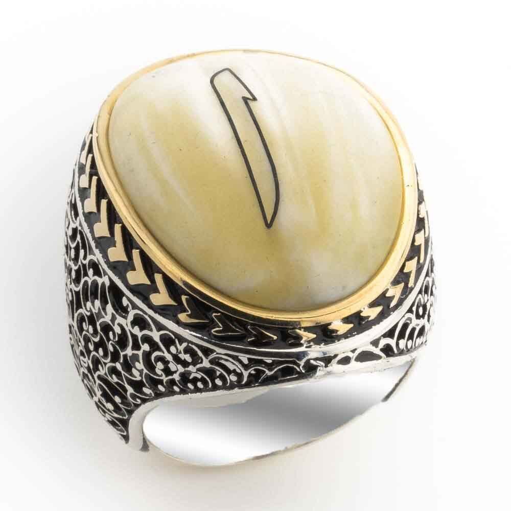 Büyük Sedef Taşlı Elif İşlemeli Gümüş Yüzük