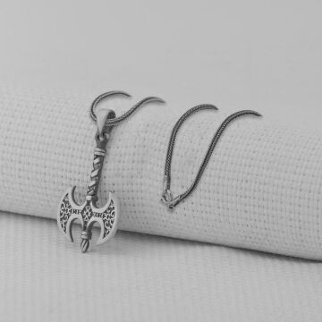 Çift Taraflı Balta Tasarımlı Kalın Zincirli 925 Ayar Gümüş Kolye