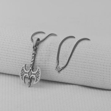 Çift Taraflı Balta Tasarımlı Kalın Zincirli 925 Ayar Gümüş Kolye