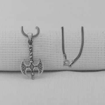 Çift Taraflı Balta Tasarımlı Kalın Zincirli 925 Ayar Gümüş Kolye