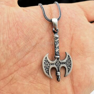 Çift Taraflı Balta Tasarımlı Kalın Zincirli 925 Ayar Gümüş Kolye