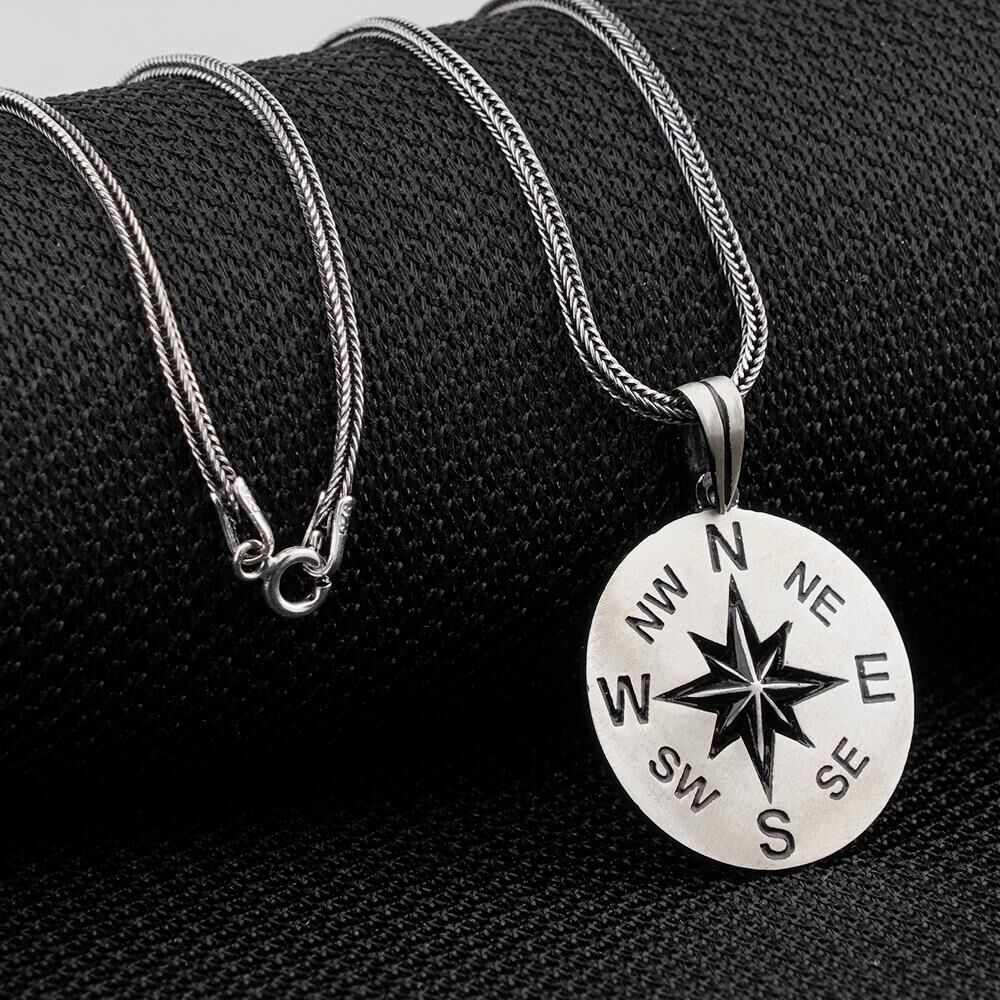 Şık Pusula Tasarımlı Kalın Zincirli 925 Ayar Gümüş Kolye