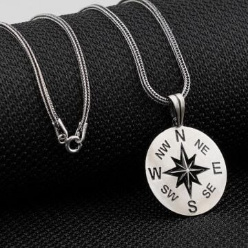 Şık Pusula Tasarımlı Kalın Zincirli 925 Ayar Gümüş Kolye