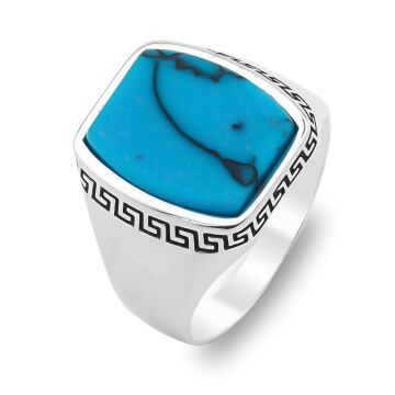 Mavi Turkuaz Taşlı Desenli Düz Parlak Gümüş Erkek Yüzük