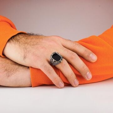 Ay Yıldız ve Siyah Oniks Taşlı Kartal Motifli Çift Taraflı 925 Ayar Gümüş Yüzük