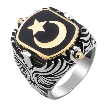Ay Yıldız ve Siyah Oniks Taşlı Kartal Motifli Çift Taraflı 925 Ayar Gümüş Yüzük