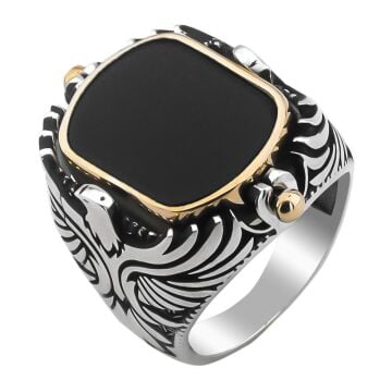 Ay Yıldız ve Siyah Oniks Taşlı Kartal Motifli Çift Taraflı 925 Ayar Gümüş Yüzük