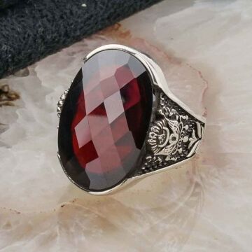 Kırmızı Taşlı Osmanlı Tuğralı Gümüş Erkek  Yüzük