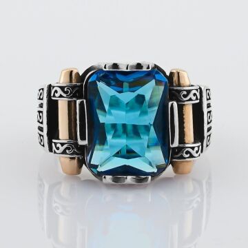 Aquamarin Taşlı 925 Ayar Gümüş Erkek Yüzük