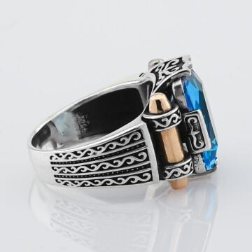 Aquamarin Taşlı 925 Ayar Gümüş Erkek Yüzük