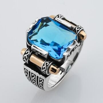 Aquamarin Taşlı 925 Ayar Gümüş Erkek Yüzük