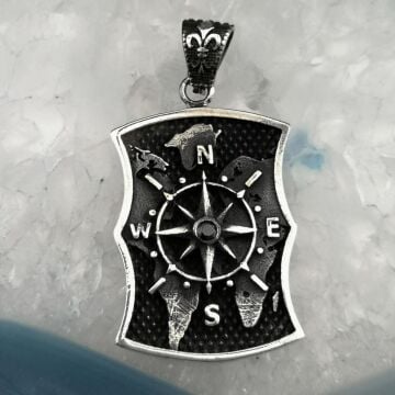 Özel Pusula Tasarımlı Atlas Zemin Detaylı Kalın Zincirli 925 Ayar Gümüş Kolye BÜYÜK BOY