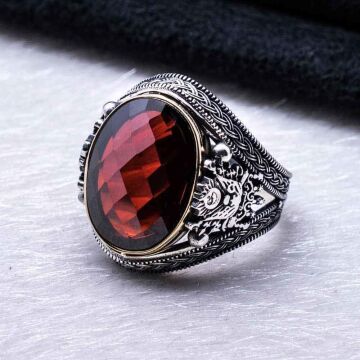 925 Ayar Gümüş Kırmızı Zirkon Taşlı Devlet Armalı Yüzük