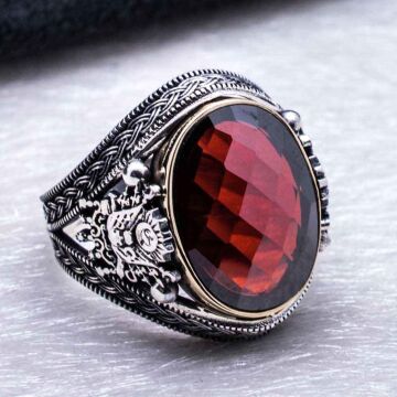 925 Ayar Gümüş Kırmızı Zirkon Taşlı Devlet Armalı Yüzük