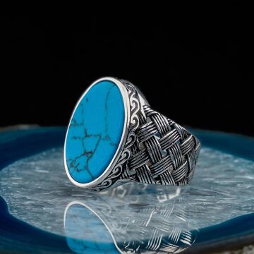 Oval Firuze Taşlı Örgü Desenli Erkek Gümüş Yüzük