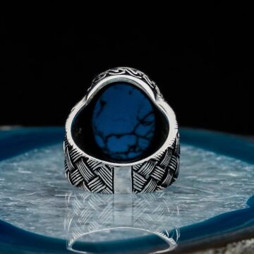 Oval Firuze Taşlı Örgü Desenli Erkek Gümüş Yüzük