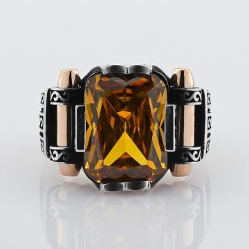 Sitrin Taşlı 925 Ayar Gümüş Erkek Yüzük