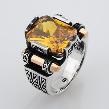 Sitrin Taşlı 925 Ayar Gümüş Erkek Yüzük