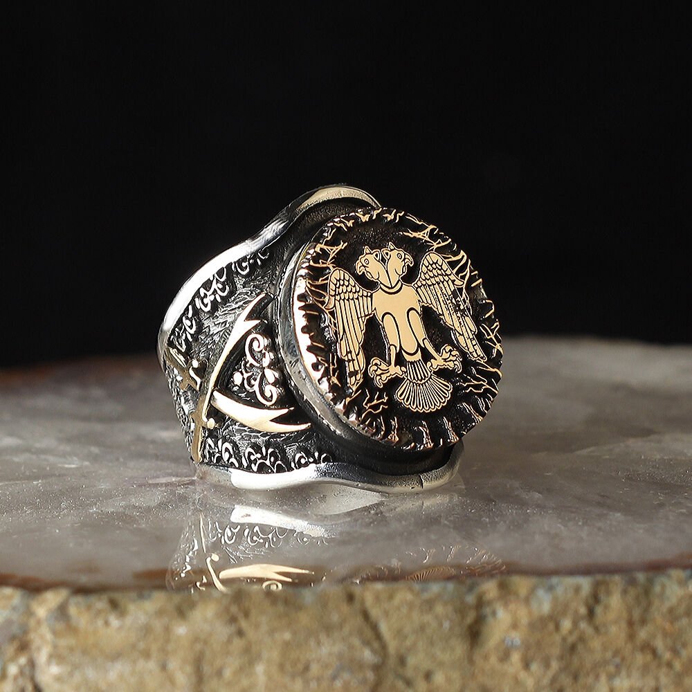 ÇİFT BAŞLI SELÇUKLU KARTALI KILIÇ MODEL GÜMÜŞ YÜZÜK