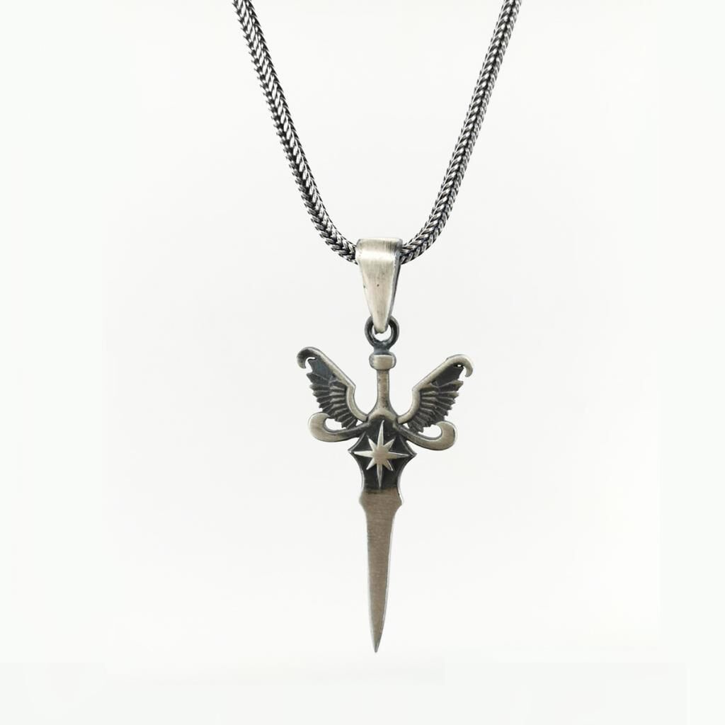 Melek Kanatlı Kılıç Tasarımlı 925 Ayar Gümüş Kolye 60 CM