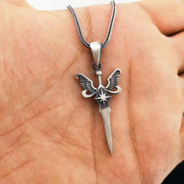 Melek Kanatlı Kılıç Tasarımlı 925 Ayar Gümüş Kolye 60 CM