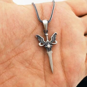 Melek Kanatlı Kılıç Tasarımlı 925 Ayar Gümüş Kolye 60 CM