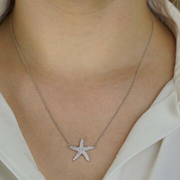 Beyaz Zirkon Taşlı Deniz Yıldızı Gümüş Kolye