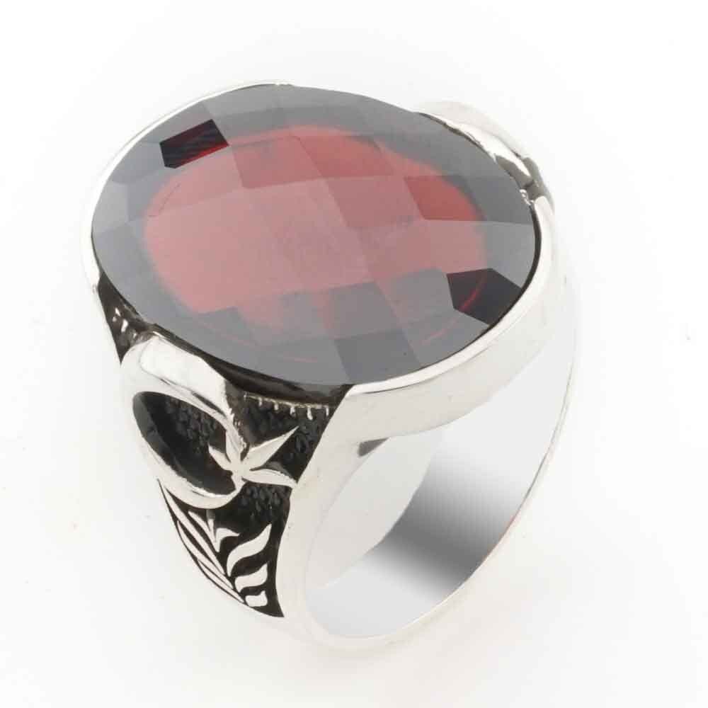 Kırmızı Taşlı Ay Yıldızlı Gümüş Erkek Yüzük