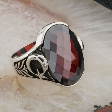 Kırmızı Taşlı Ay Yıldızlı Gümüş Erkek Yüzük