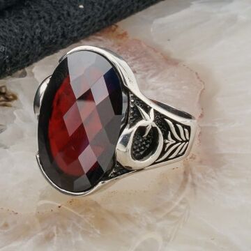 Kırmızı Taşlı Ay Yıldızlı Gümüş Erkek Yüzük