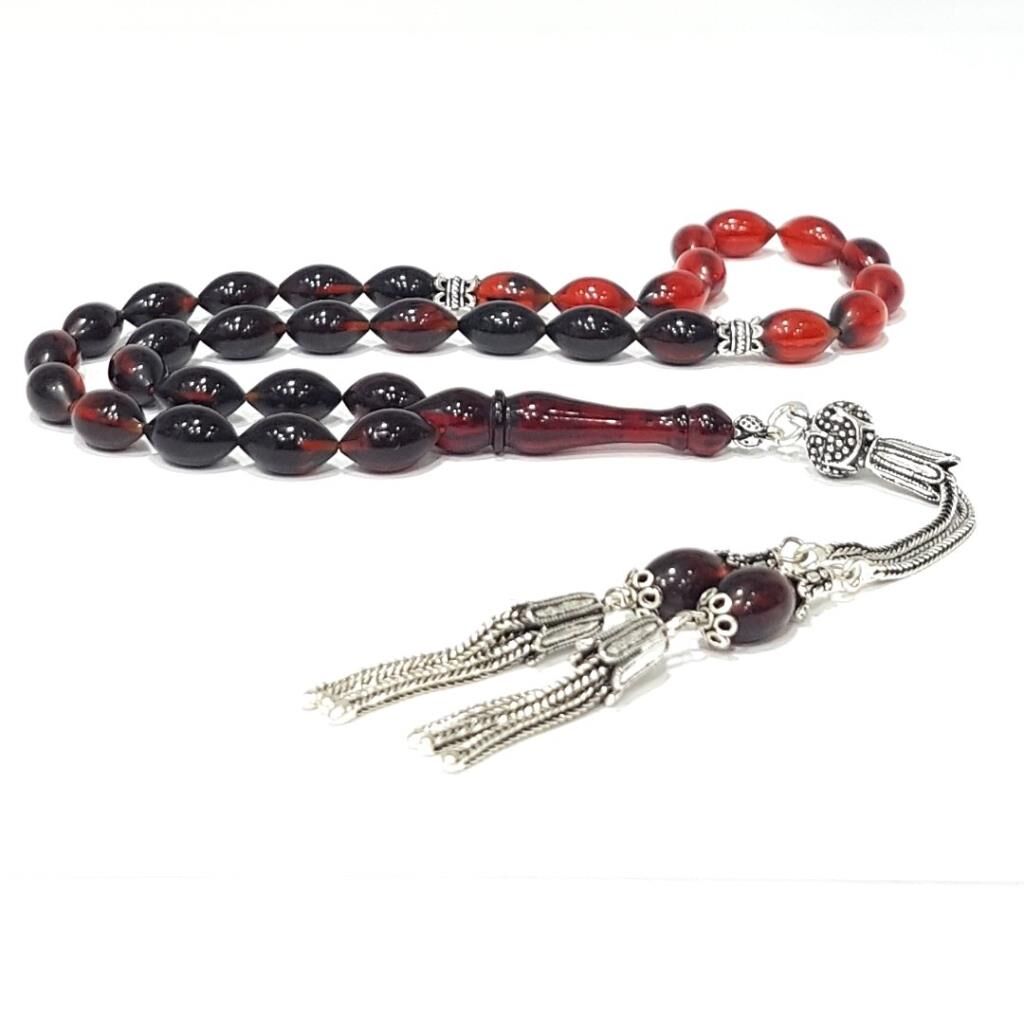 925 Ayar Gümüş Püsküllü Arpa Kesim Sıkma Kehribar Tesbih