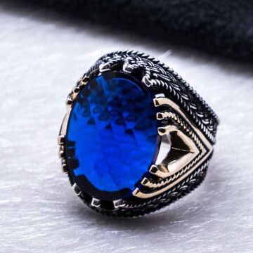 925 Ayar Gümüş  Mavi Zirkon Taşlı  Erkek  Yüzük
