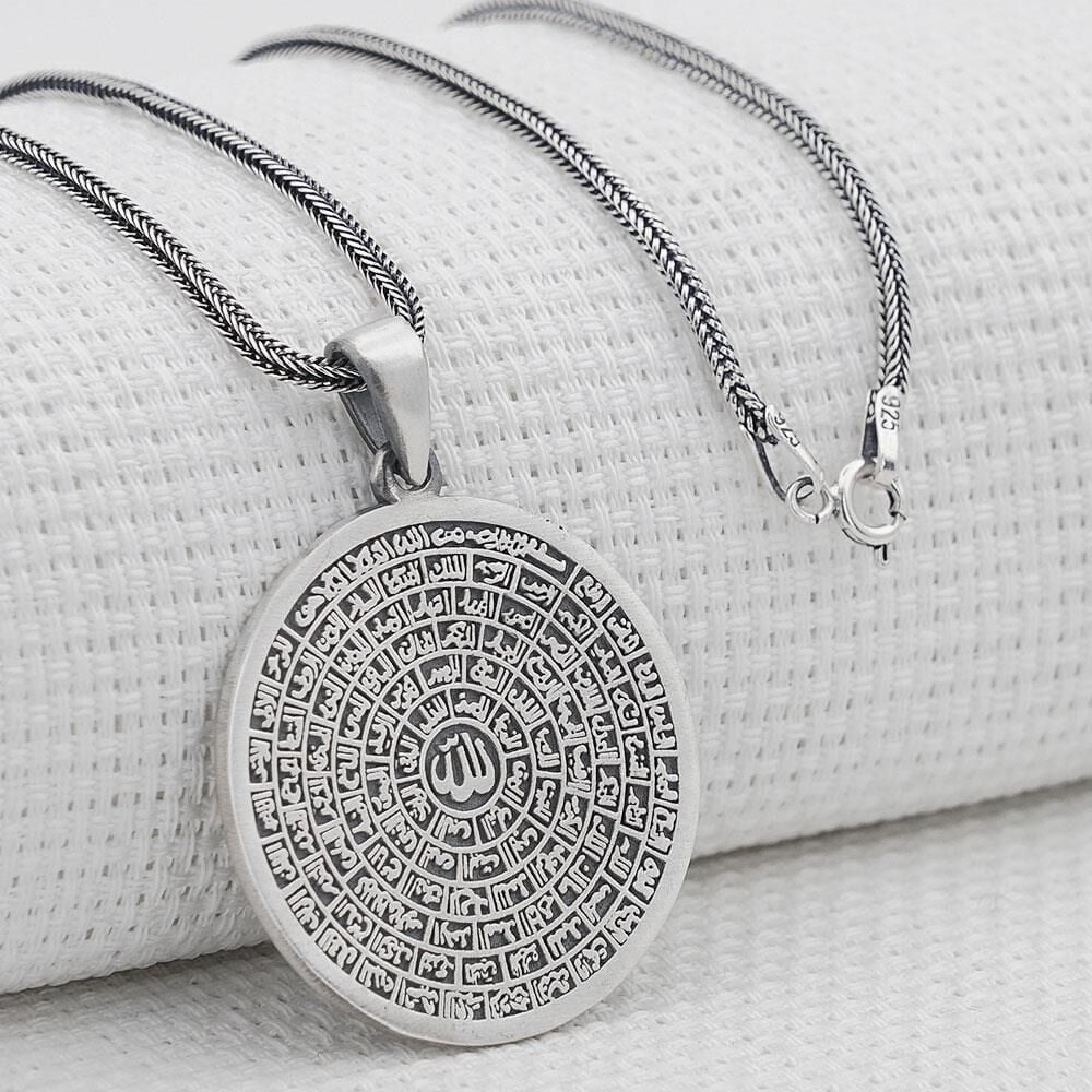 Büyük Boy Esmaül Hüsna Dualı 925 Ayar Gümüş Kolye Kalın Zincirli