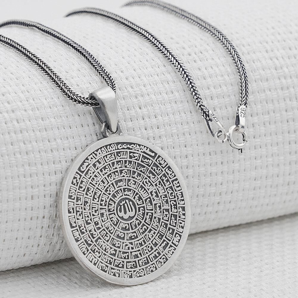 Büyük Boy Esmaül Hüsna Dualı 925 Ayar Gümüş Kolye Kalın Zincirli