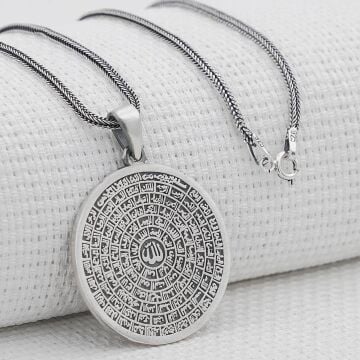 Büyük Boy Esmaül Hüsna Dualı 925 Ayar Gümüş Kolye Kalın Zincirli