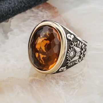 925 Ayar Gümüş Sarı Zirkon  Taşlı Erkek Yüzük