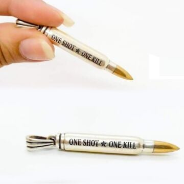 Mermi Tasarımlı One Shot One Kill Yazılı 925 Ayar Gümüş Kolye Ucu