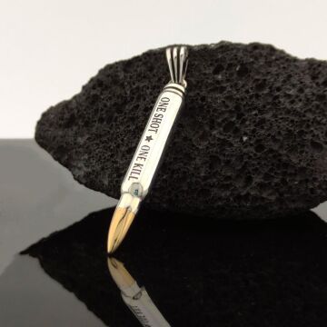 Mermi Tasarımlı One Shot One Kill Yazılı 925 Ayar Gümüş Kolye Ucu