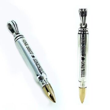 Mermi Tasarımlı One Shot One Kill Yazılı 925 Ayar Gümüş Kolye Ucu