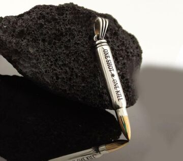 Mermi Tasarımlı One Shot One Kill Yazılı 925 Ayar Gümüş Kolye Ucu