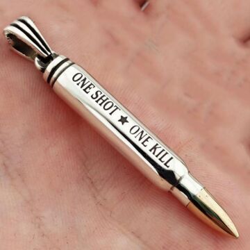 Mermi Tasarımlı One Shot One Kill Yazılı 925 Ayar Gümüş Kolye Ucu