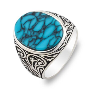 Oval Mavi Turkuaz Taşlı Desenli 925 Ayar Gümüş Erkek Yüzük