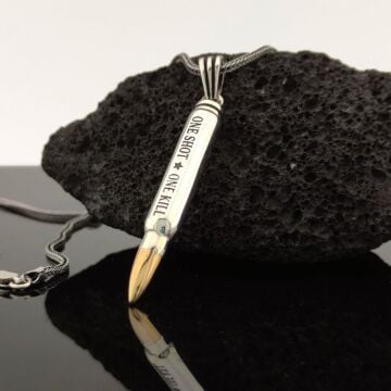 Mermi Tasarımlı One Shot One Kill Yazılı 925 Ayar Gümüş Kolye 60 CM