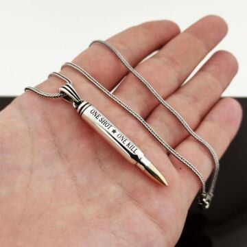 Mermi Tasarımlı One Shot One Kill Yazılı 925 Ayar Gümüş Kolye 60 CM